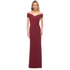 La Femme Pleated‎ Off Shoulder Jersey Gown Wine Burgundy 12